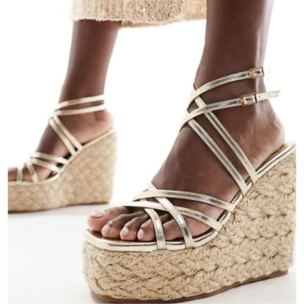 Metallic Gold Strappy Espadrille Wedge Sandals